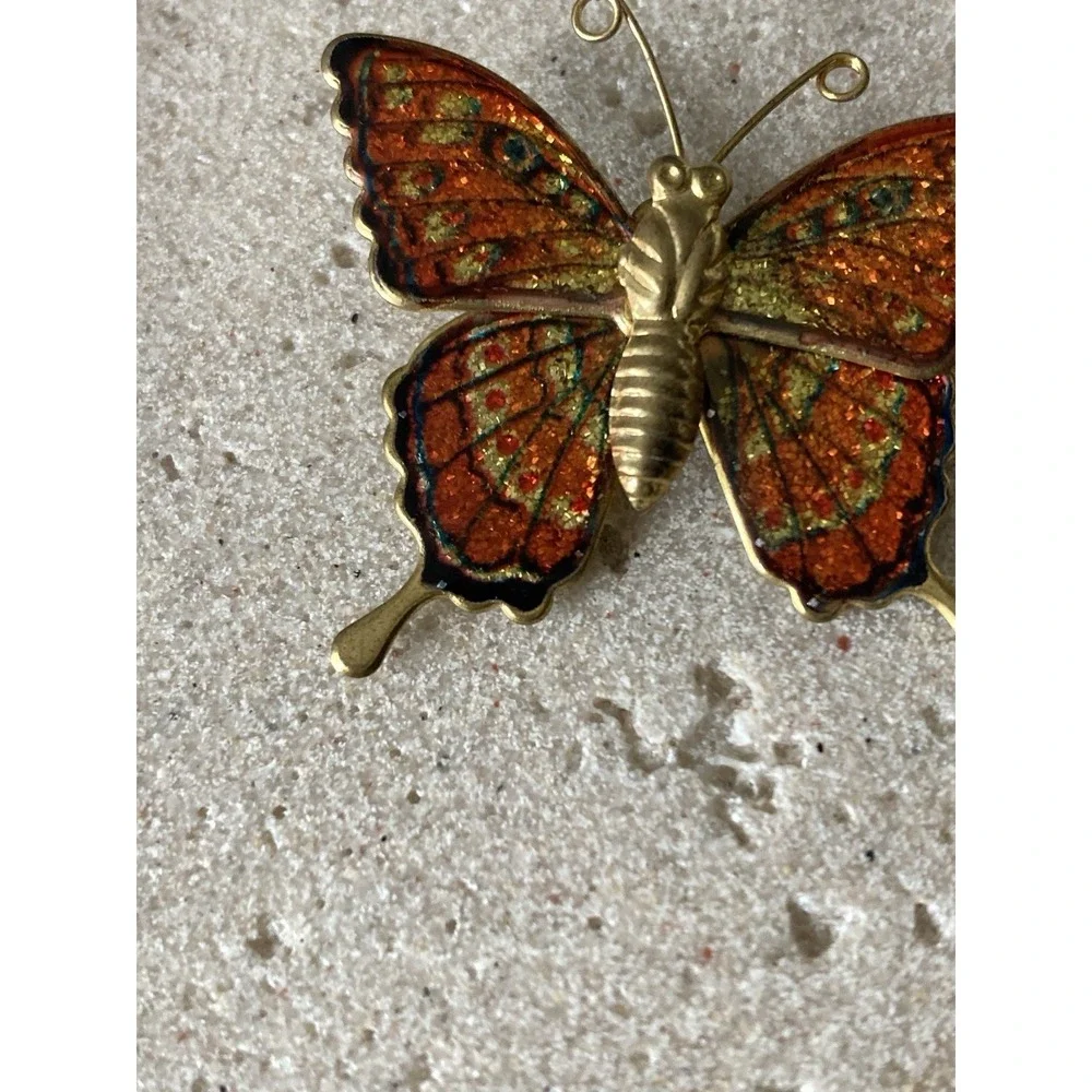 Whimsical Orange Enamel Butterfly‎ Brooch Gold Tone Glitter Pin Fairy Novelty